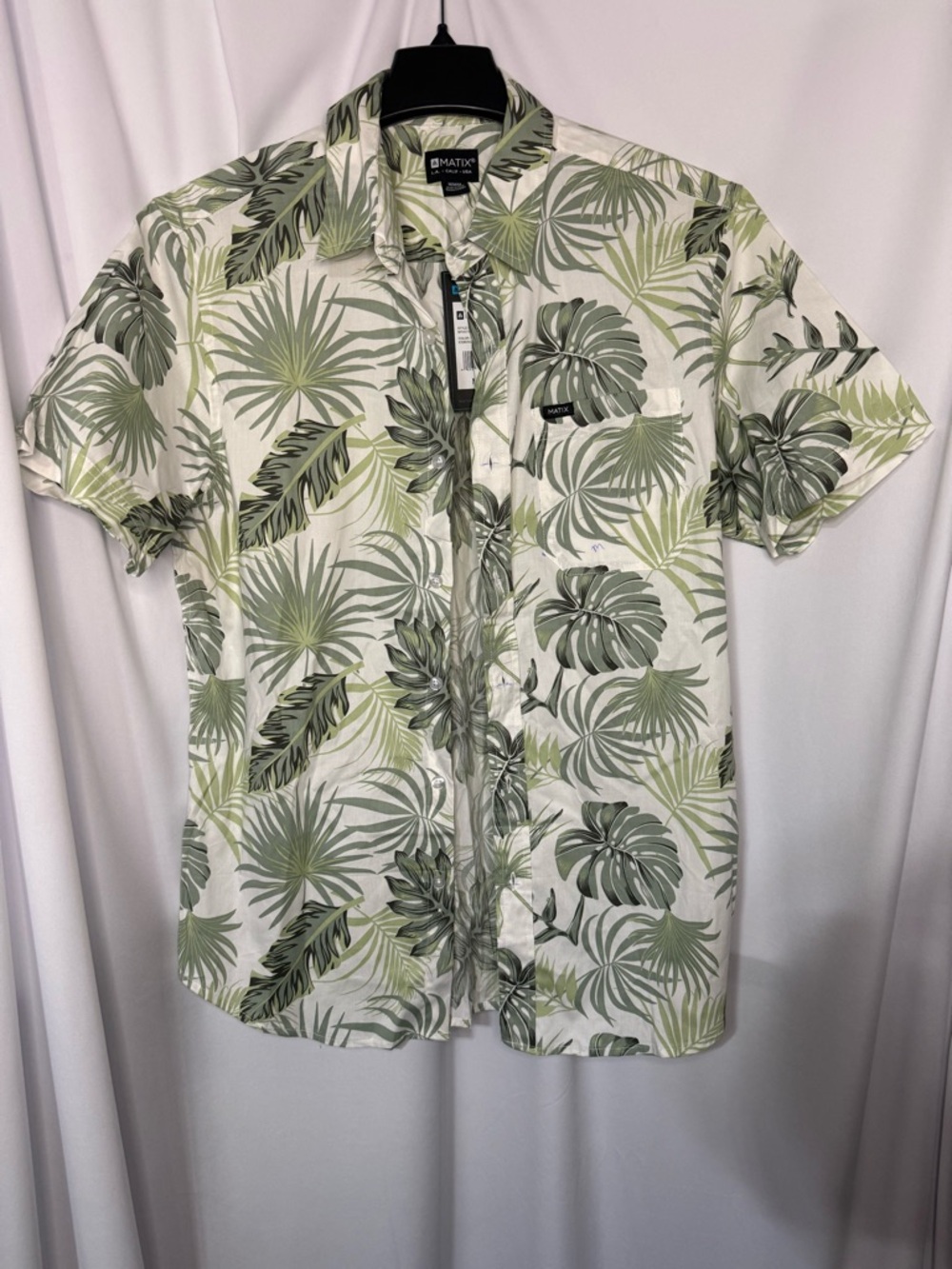 Matix Tropical Leaf Short-Sleeve Button Down - Green on White